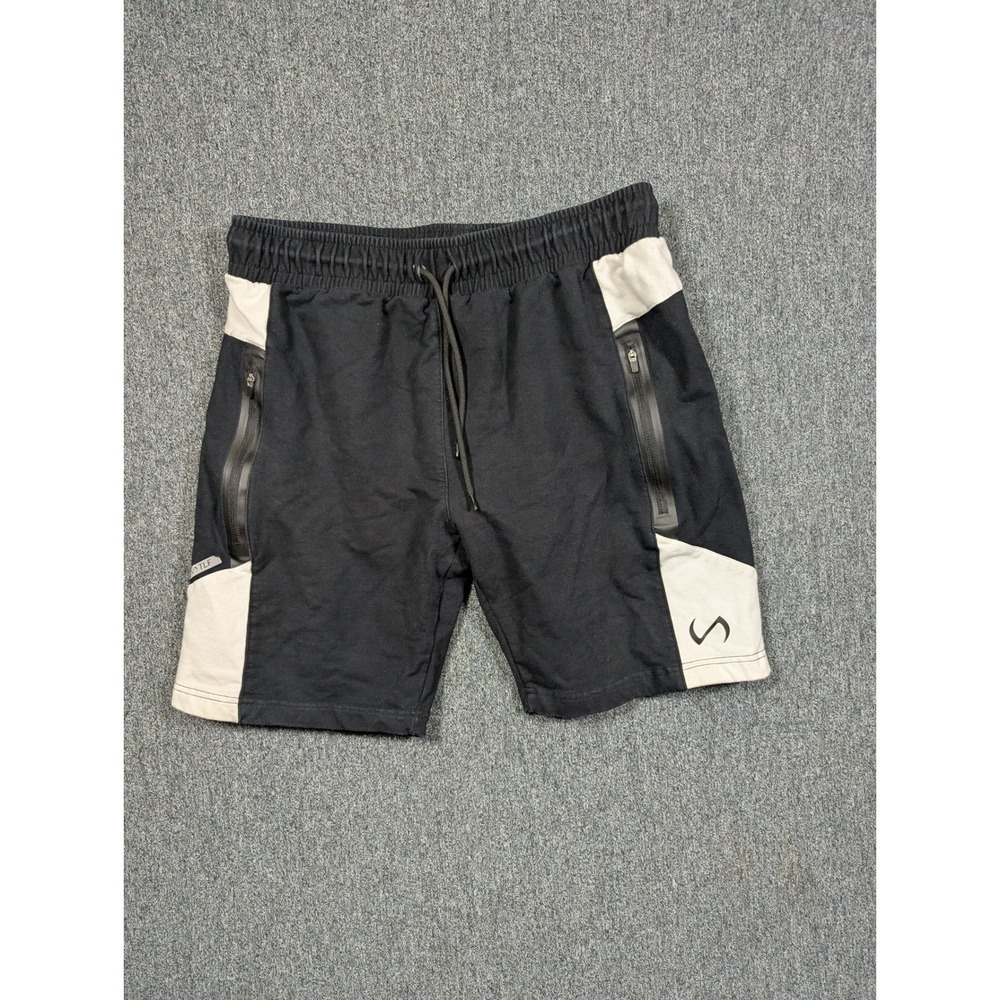 TLF Apparel Mens Gym Shorts Black Cream Colorblock Zipper Pockets Size L